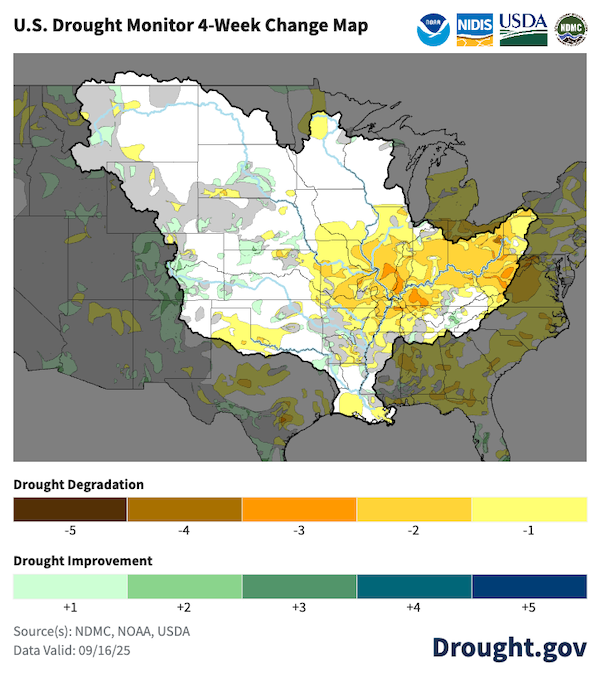 Portions of Arkansas, Illinois, Indiana, Kentucky, Missouri, Ohio, Tennessee, and West Virginia saw drought conditions worsen by two to three categories on the U.S. Drought Monitor over the past four weeks.  