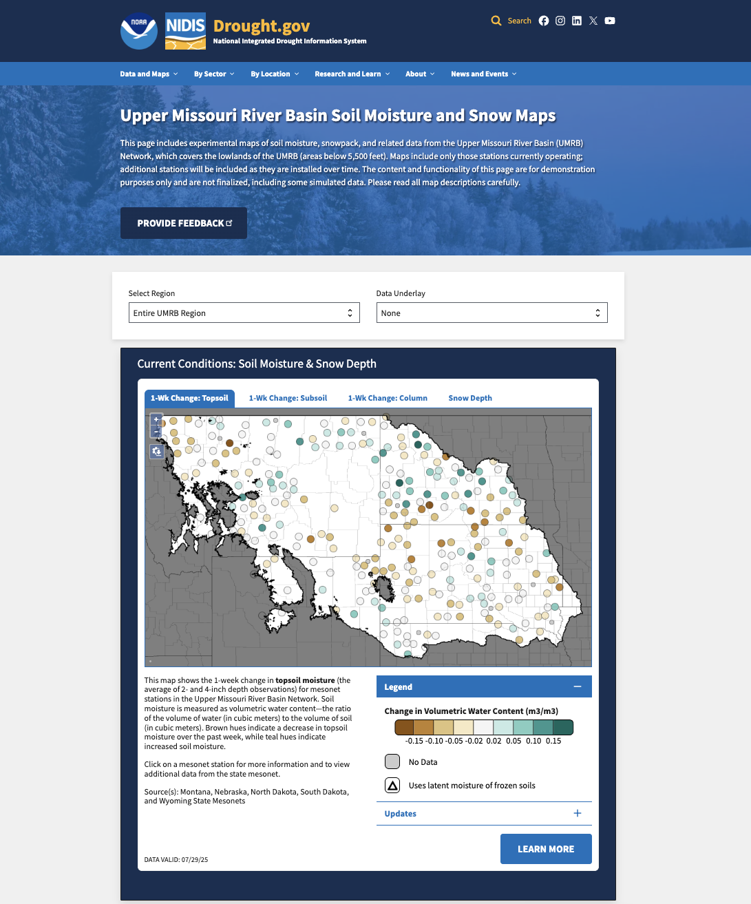 Screenshot of the Upper Missouri River Basin Soil Moisture and Snow Maps Dashboard, showing a map of 1-week topsoil moisture change, as well as dropdown menus to select a region and data underlay.