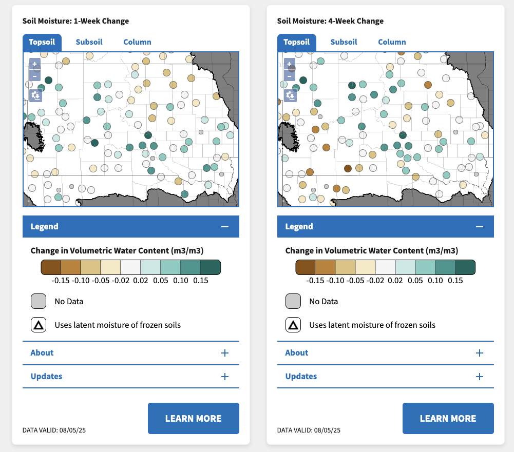 1-week and 4-week soil moisture change maps, zoomed in to South Dakota, from the UMRB Dashboard.