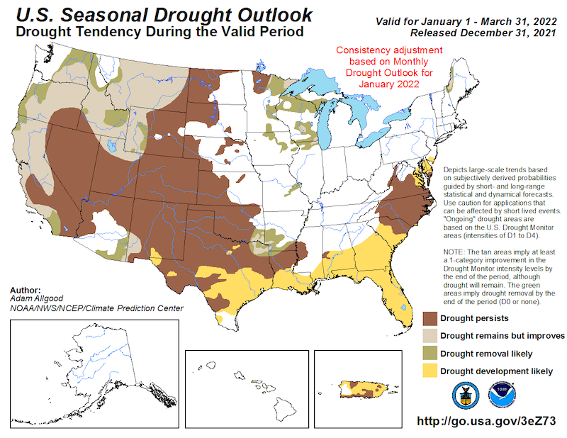 Climate Prediction Center seasonal drought outlook, showing the probability drought conditions persisting, improving, developing, or being removed across the U.S. from January 1, 2022 to March 31, 2022.