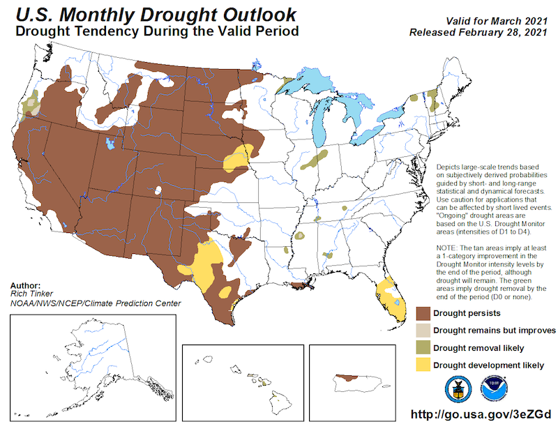 Climate Predication Center Monthly Drought Outlook for March 2021, predicting the probability that drought will emerge, stay the same, or get better. Drought is likely to persist through most of California and Nevada.