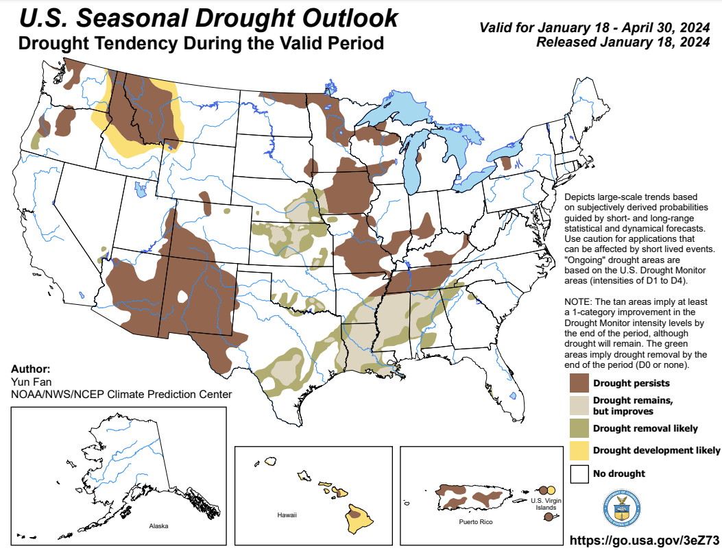 Areas of drought are expected to persist in Puerto Rico, St. Thomas, and St. Croix. Drought development is projected for St. John.