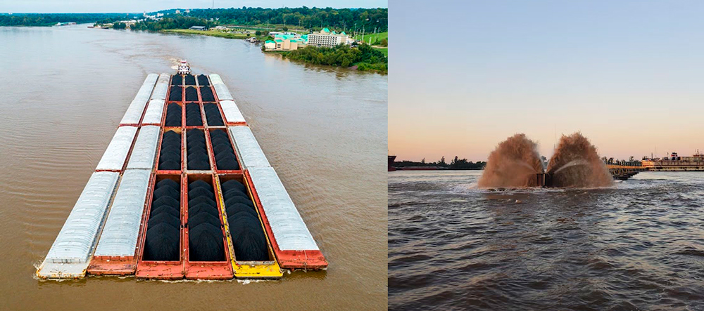 On the left, a barge line sails on the Mississippi River. On the right, the U.S. Army Corps of Engineers' Dredge Jadwin dredges the river.