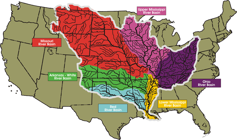 The Mississippi River Basin Watershed includes the Upper and Lower Mississippi River Basin, Ohio River Basin, Missouri River Basin, and Arkansas-White-Red River Basin.