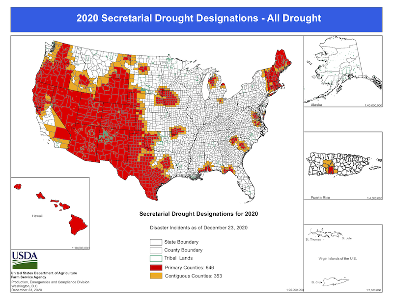 USDA Drought Designated Counties for 2020.