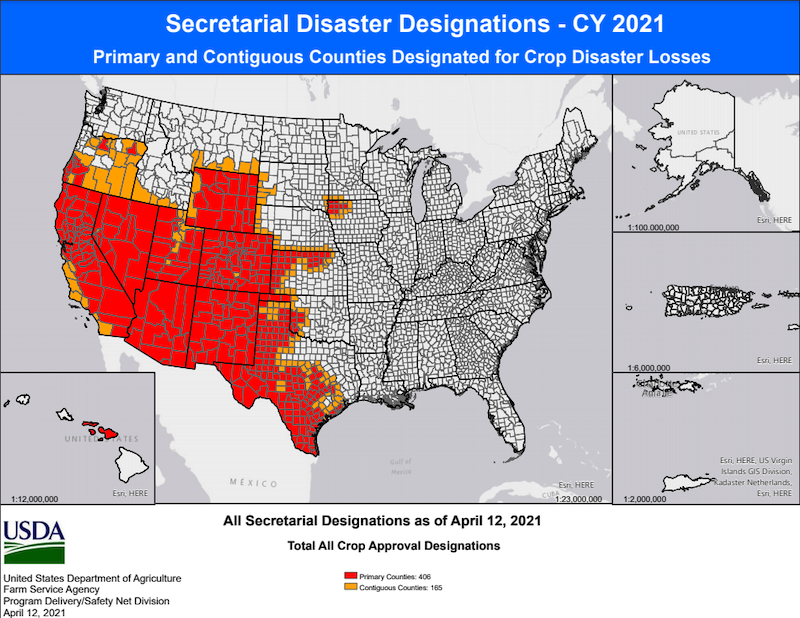 U.S. Secretary of Agriculture drought disaster designations by county across the U.S. USDA designated 50 California counties and 16 Nevada counties as primary natural disaster areas.