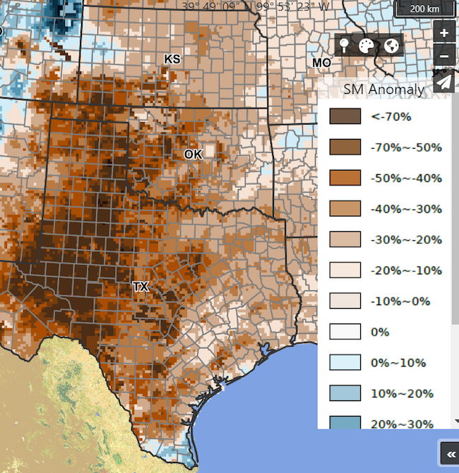 Soil moisture is below 50% of normal across most of the Southern Plains, and more than 70% below normal across western Texas, Oklahoma and southwestern corner of Kansas.