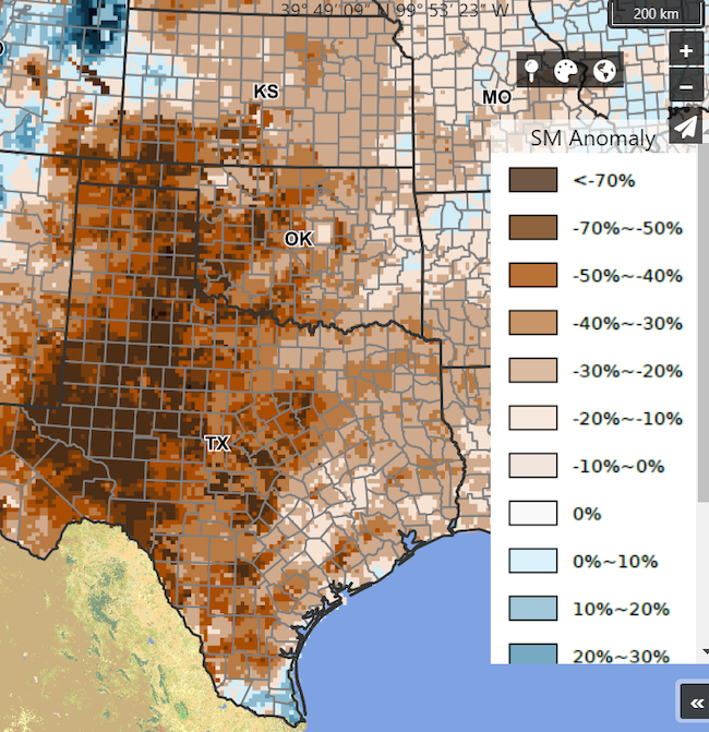 Soil moisture is below 50% of normal across most of the Southern Plains, and more than 70% below normal across western Texas, Oklahoma and southwestern corner of Kansas. 