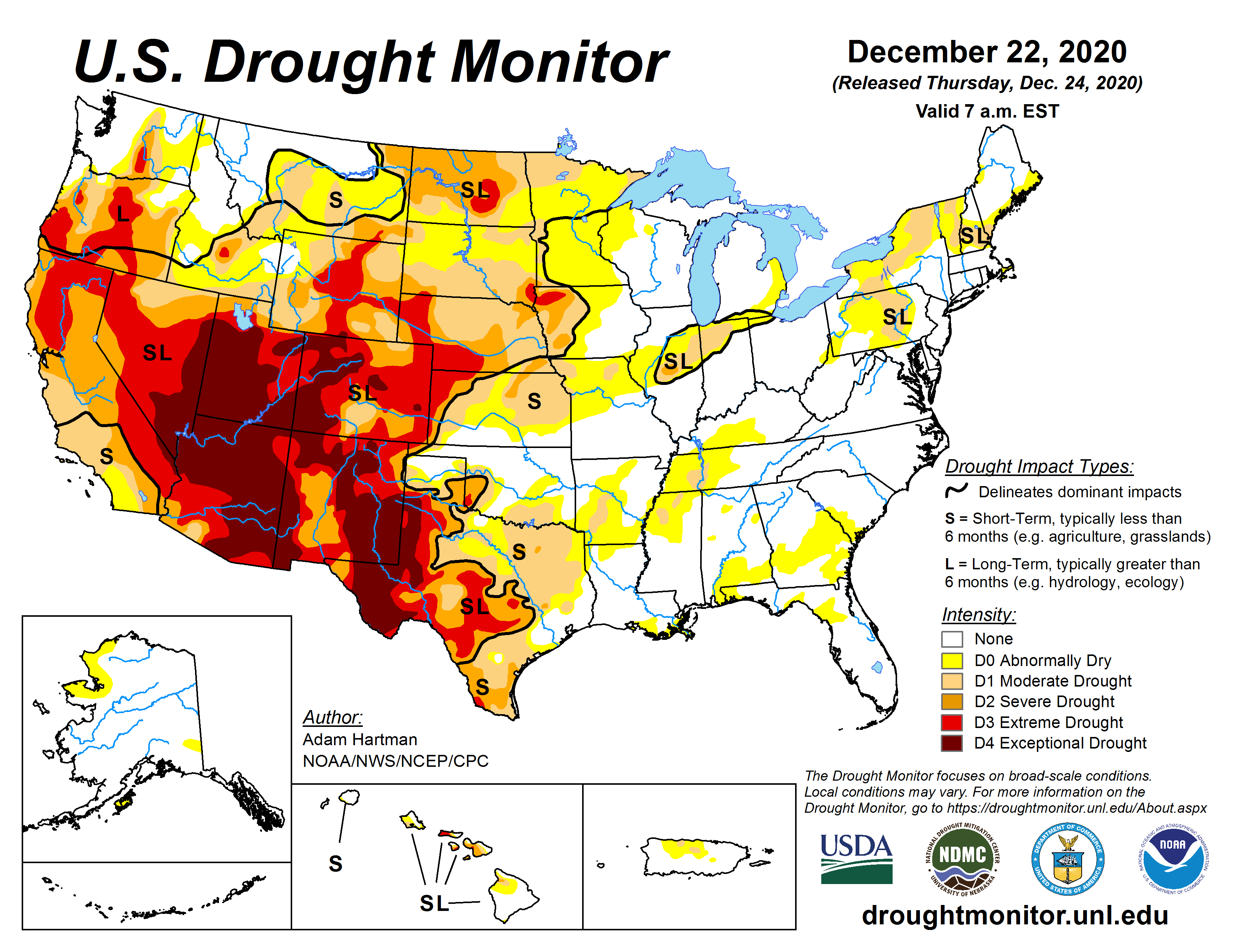 U.S. Drought Monitor map for the U.S. and Puerto Rico as of December 22, 2020. Drought and dryness covered almost all of the Great Plains and West.