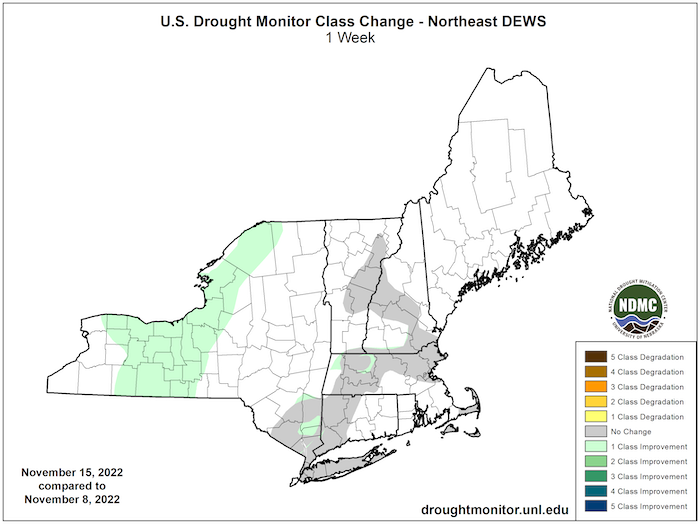 According to the U.S. Drought Monitor, a large area of western New York saw a 1-category improvement in the last week.