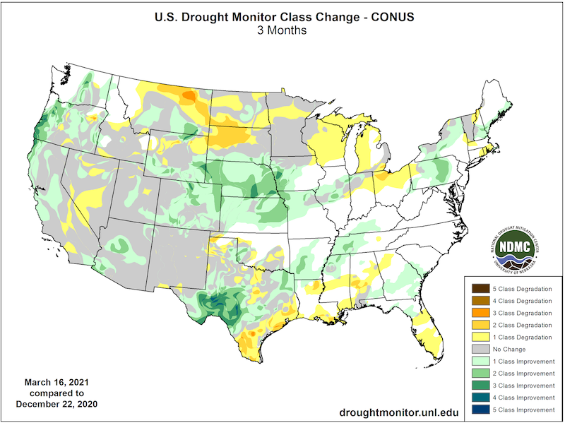 U.S. Drought Monitor change map, showing where drought has improved, worsened, and stayed the same over the past 3 months. 