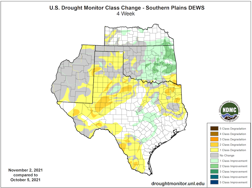 U.S. Drought Monitor Change Map for Kansas, New Mexico, Oklahoma and Texas, showing the change in drought conditions from October 5 to November 2, 2021.  Pockets of northern Texas are experiencing moderate to severe drought. Drought improvement can be seen over eastern Oklahoma.