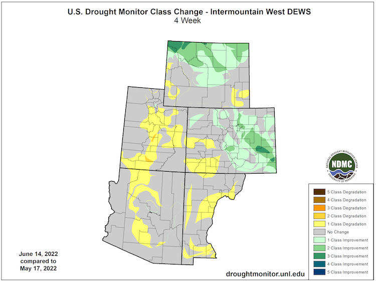 U.S. Drought Monitor change map for the Intermountain West, showing how drought has improved or worsened from May 17–June 14, 2022.  Parts of all states in the region have experienced a one to two category degradation over the 4-week period. 