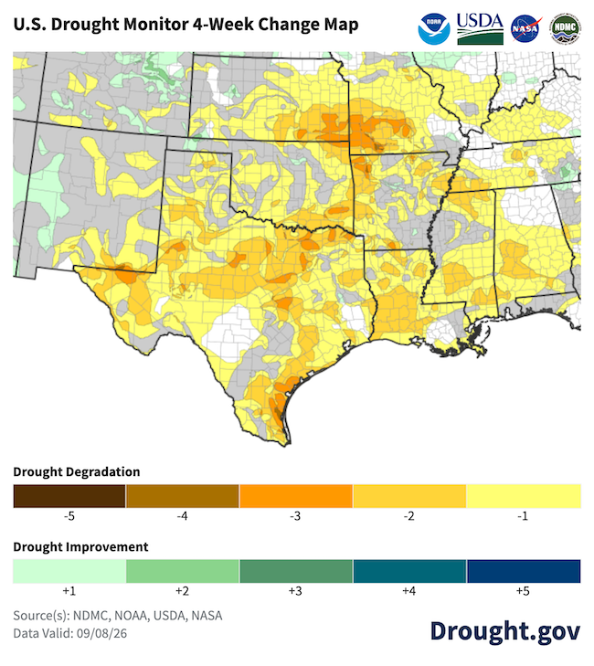 Map showing change in drought conditions from August 11 to September 8. Drought has worsened by 1 to three categories across much of the Southern Plains, Gulf States, and Lower Midwest.