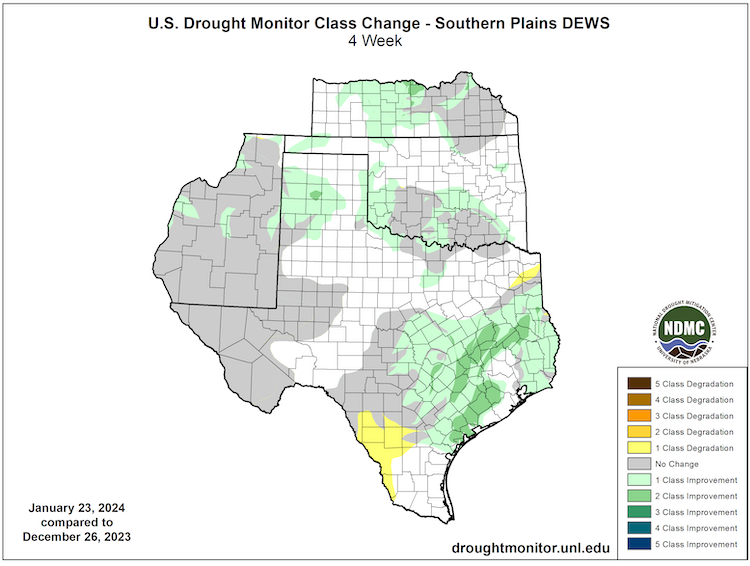From December 26, 2023, to January 23, 2024, southern Texas experienced a 1-category drought degradation. Northeastern Oklahoma and southeastern Kansas have seen a one category improvement, and parts of central and southern Texas have seen one to two category improvements.