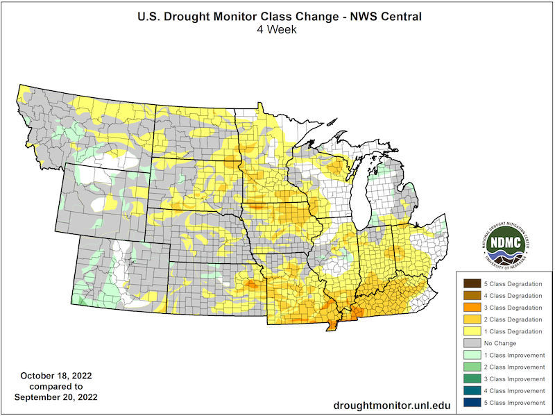 In the 4 weeks since September 20, part of every state in the north central U.S. has seen a 1- to 3-category drought degradation. Wyoming has seen the most improvement during this period.