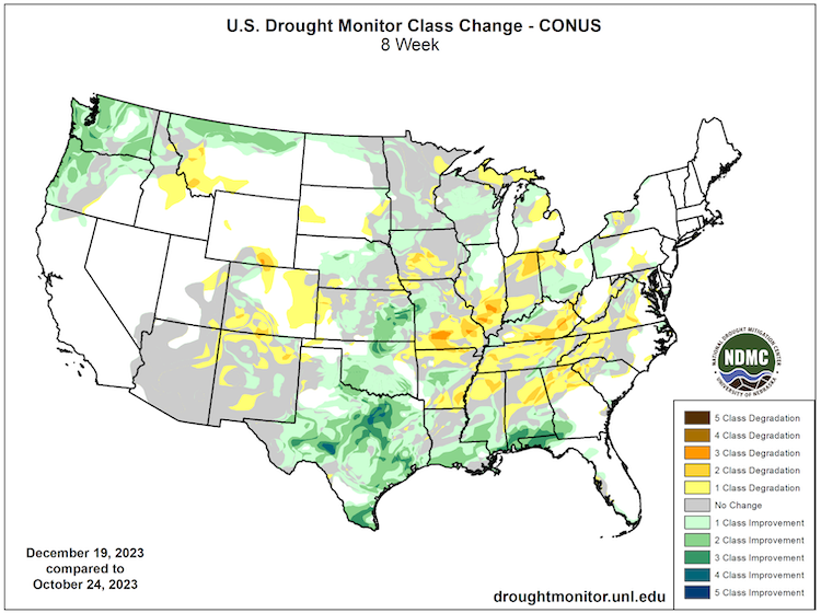 From October 24 to December 19, southeastern Kansas has experienced a 2-category improvement. Central Oklahoma has seen a one category improvement, and parts of central and southern Texas haves seen one to four category improvements.