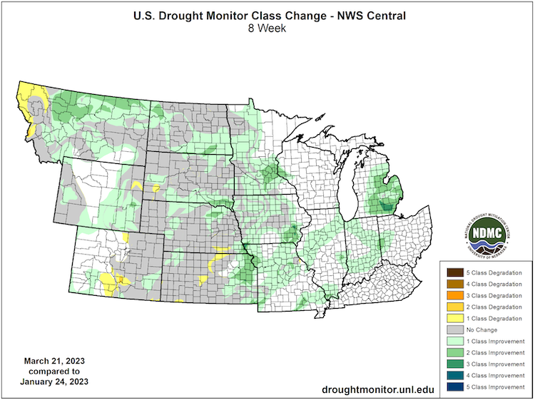 Drought has improved in portions of the Missouri River Basin over the past two months, most prominently across northern Montana, eastern Kansas, northeast Nebraska, southeast South Dakota, and portions of North Dakota and Wyoming.