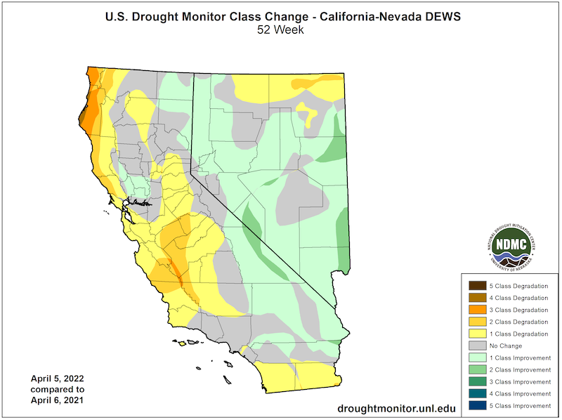 U.S. Drought Monitor Change Map for California and Nevada, showing the change in drought conditions from April 6, 2021–April 5, 2022.