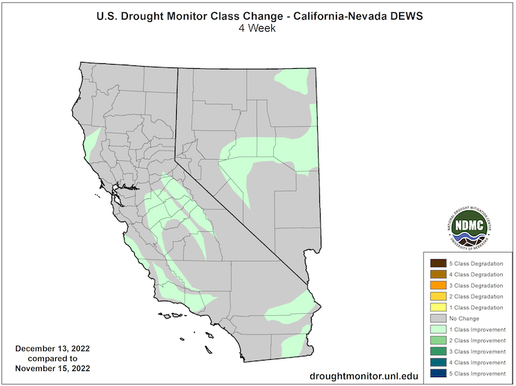 From November 15 to December 13, 2022, select regions across California and Nevada have seen 1-category improvements in their U.S. Drought Monitor classification. The rest of the region has seen no change.