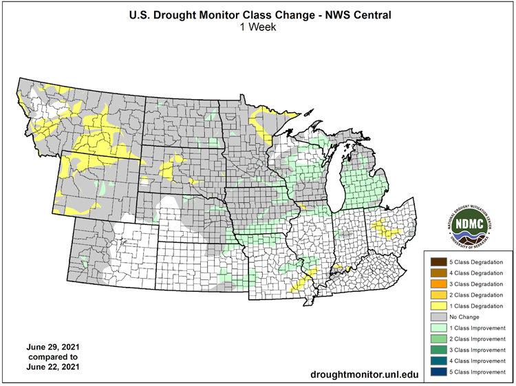 U.S. Drought Monitor Change Map for the Central U.S., showing the change in drought conditions from June 22 to June 29, 2021. Parts of South Dakota, Montana, and Wyoming saw degradations, while parts of the Midwest (Wisconsin, Michigan, Iowa, Missouri, etc.) saw improvements.