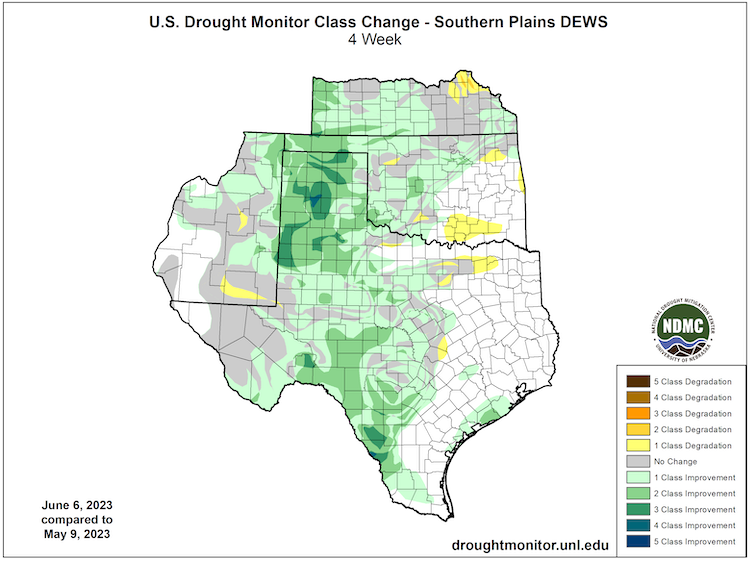 Large swaths of the Southern Plains saw drought improvements over the past four weeks. The Oklahoma and Texas Panhandles and southwestern Texas saw 2- to 4-category improvements since May 9. 