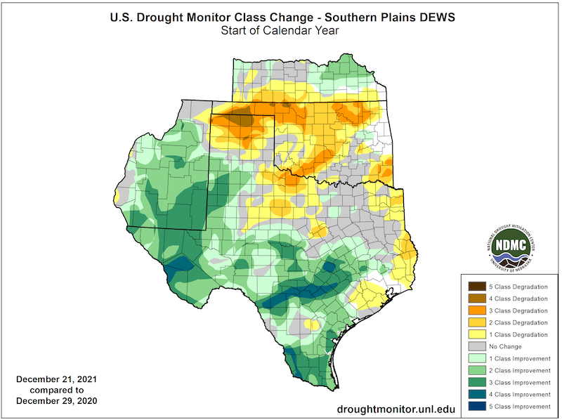 A map of  the Intermountain West showing the change in the US drought monitor from  November to  November. Eastern Colorado, southeast Wyoming and northern New Mexico have seen a 1-2 category degradation.