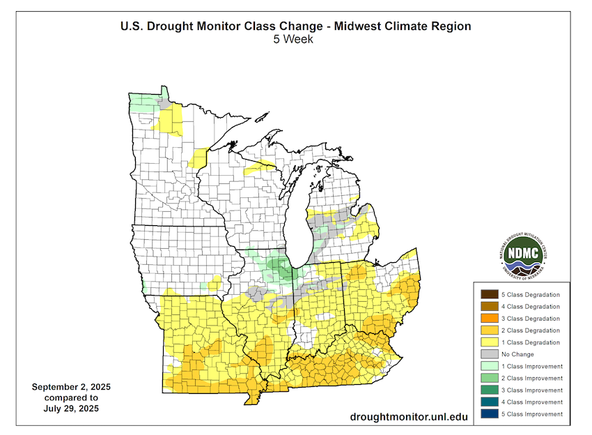 Areas in the Midwest where drought worsened over the last 5 weeks include portions of the Lower Midwest including Missouri, Kentucky, Illinois, Indiana, and Ohio. Drought improved in northeastern Illinois.