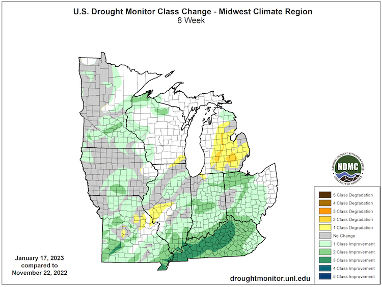 From November 22, 2022 to January 17, 2023, much of the Midwest saw one to three category drought improvements.