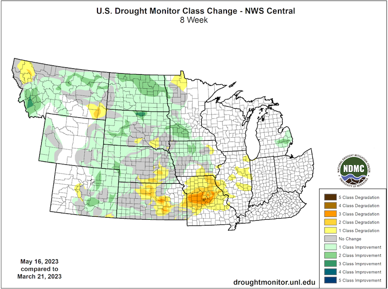 U.S. Drought Monitor Change Map for the North Central U.S., showing the change in drought conditions from March 21 to May 16, 2023.