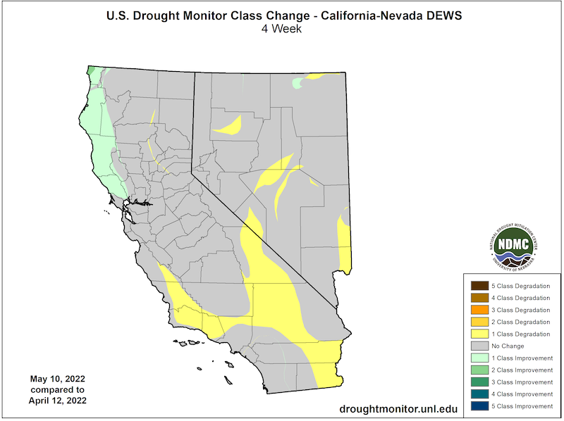 Map of California and Nevada showing how drought has degraded or improved over the past month, according to the U.S. Drought Monitor. From April 12 to May 10, parts of Northwest California have seen 1- to 2-category improvements, while parts of southern California and pockets in Nevada have seen degradations.