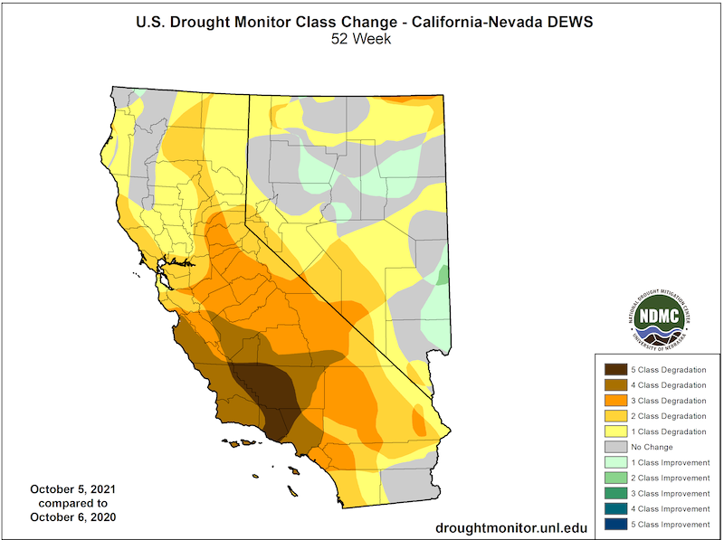 U.S. Drought Monitor Change Map for California and Nevada, showing the change in drought conditions from October 6, 2020 to October 5, 2021. Parts of Southwest California have seen 4 to 5 category drought degradations since the start of Water Year 2021.