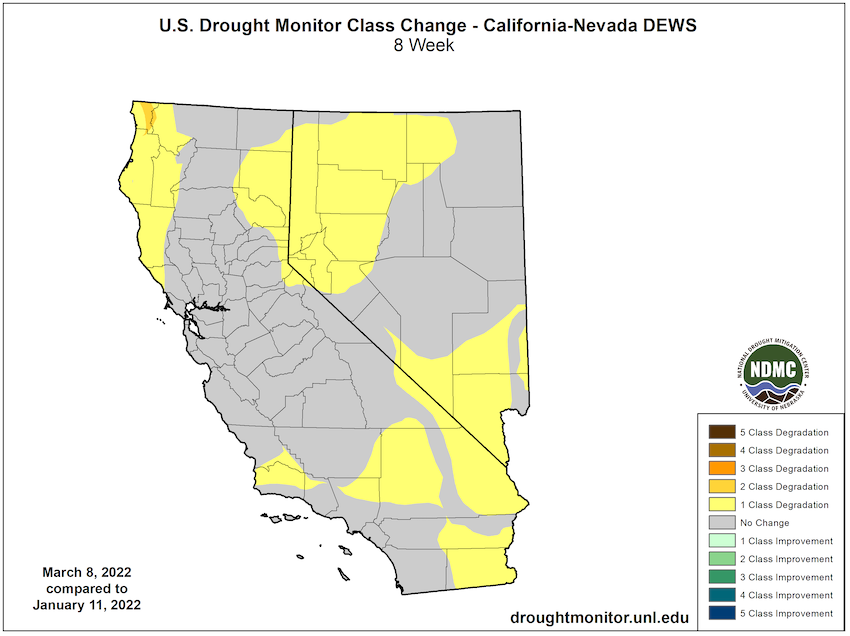 U.S. Drought Monitor Change Map for California and Nevada, showing the change in drought conditions from January 11–March 8, 2022. Areas of CA-NV have seen 1-2 class degradation.