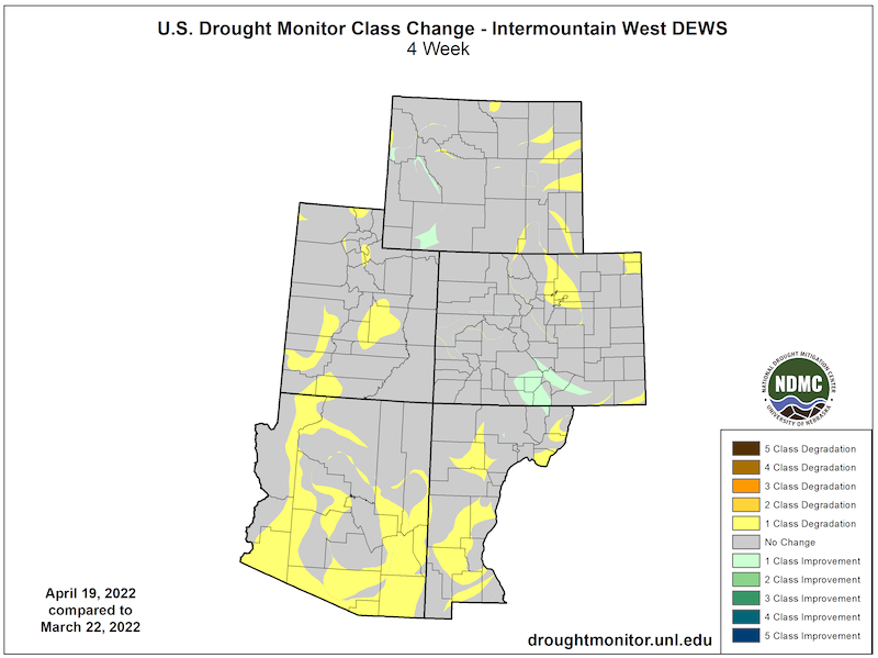 U.S. Drought Monitor change map for the Intermountain West, showing how drought has improved or worsened from March 22 to April 19, 2022. Parts of all states in the region have experienced a one to two category degradation over the 4-week period. 