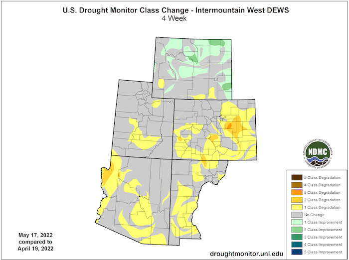 U.S. Drought Monitor change map for the Intermountain West, showing how drought has improved or worsened from April 19–May 17, 2022. Parts of all states in the region have experienced a one to two category degradation over the 4-week period. 