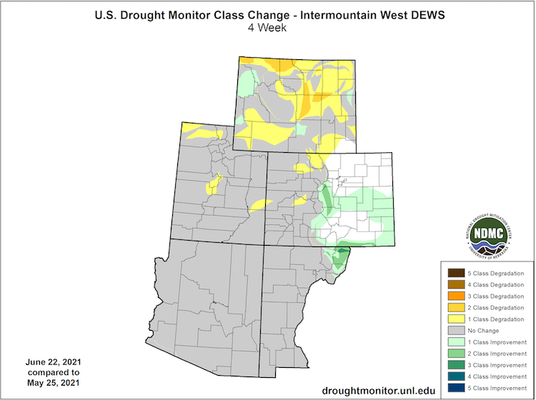 A map of  the Intermountain West showing the change in the US drought monitor from May 25 to June 22. Colorado and central New Mexico have seen a 1- to 3-category improvement while parts of northern and central Wyoming have seen a 1- to 2- category deterioration.
