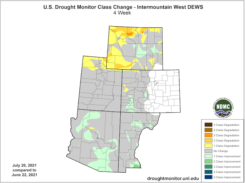U.S. Drought Monitor 4-week change map for Arizona, Colorado, New Mexico, Utah, and Wyoming. Small pockets of Arizona, southwest Colorado and New Mexico have seen a 1-category improvement while parts of northern and central Wyoming have seen a 1- to 2- category deterioration.