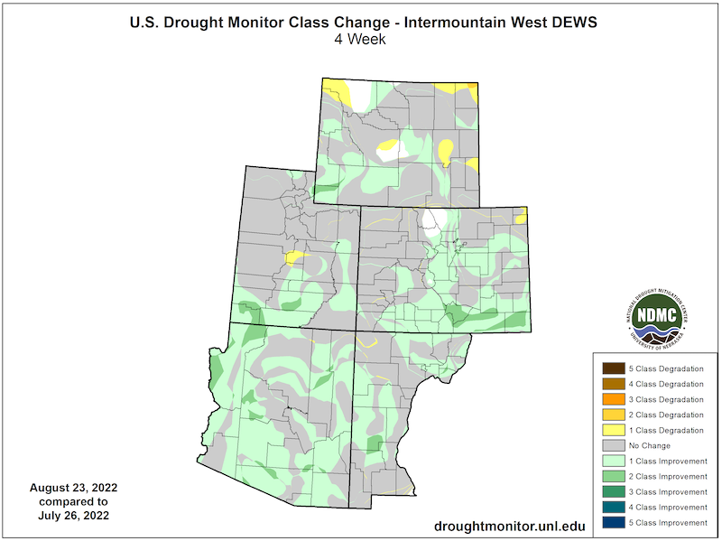 U.S. Drought Monitor change map for the Intermountain West, showing how drought has improved or worsened from July 26 to August 23, 2022.  Parts of all states in the region have experienced a one to two category improvement over the 4-week period. 