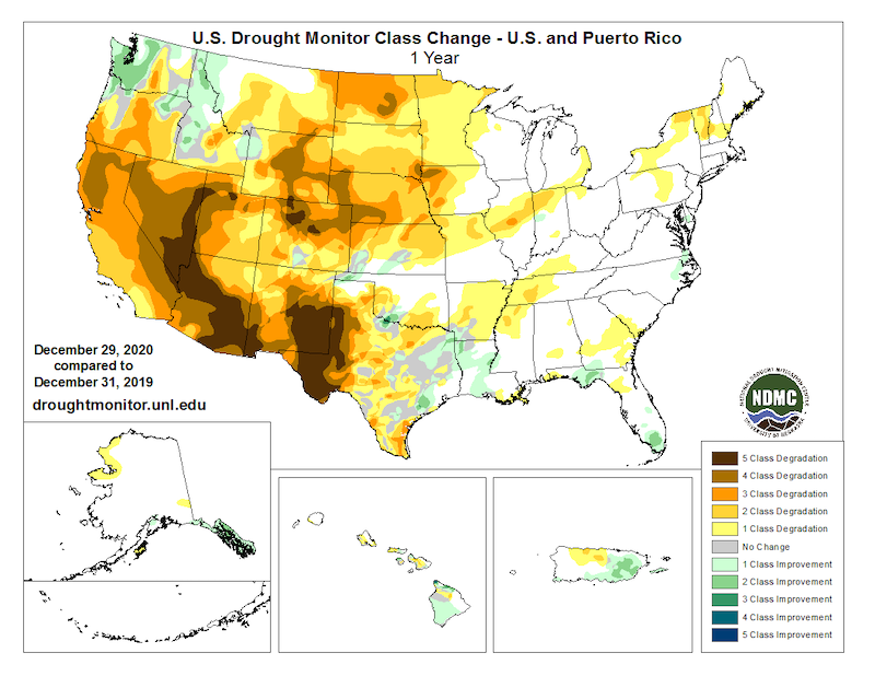  U.S. Drought Monitor Category Change Map for 2020. The map compares December 31, 2019 to December 29, 2020.