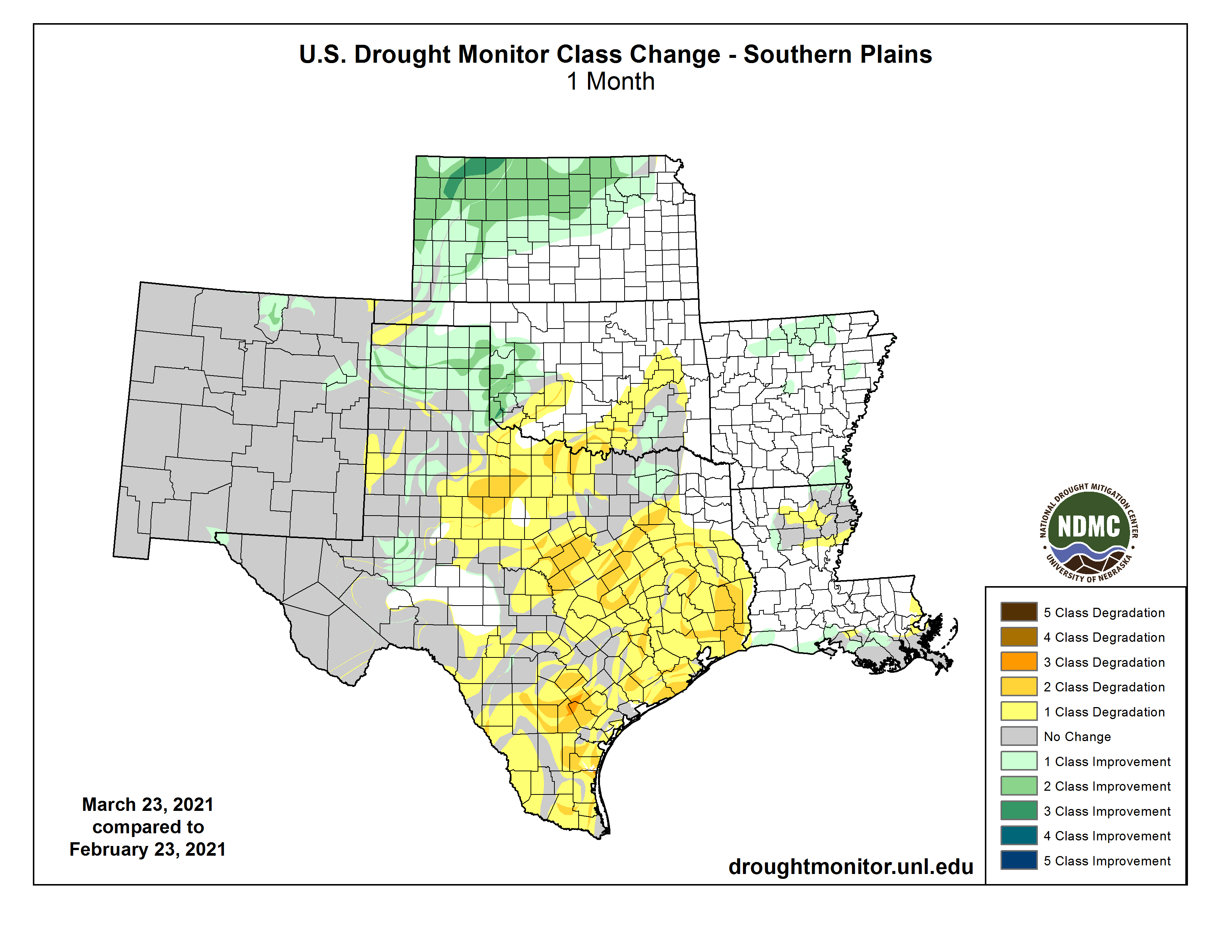 1-month U.S. Drought Monitor change map for the Southern Plains, showing the drought category changes from February 23, 2021 to March 23, 2021. 