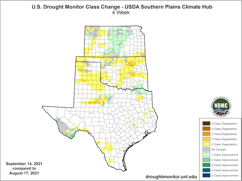 U.S. Drought Monitor Change Map for Kansas, Oklahoma and Texas, showing the change in drought conditions from August 17 to September 14, 2021. Pockets of Western Kansas, Oklahoma and northern Texas are experiencing moderate to severe drought.