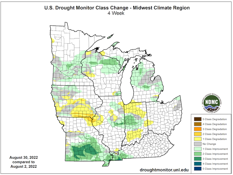 The 4-week U.S. Drought Monitor change map shows that drought has improved in some parts of the Midwest and worsened in others.