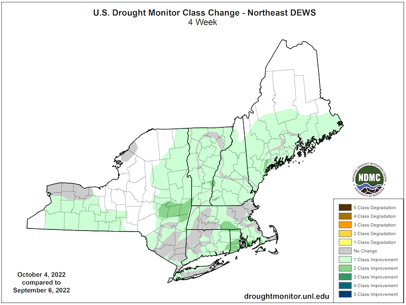 Over the past 4 weeks, part of every state in the Northeast has experienced a one to two category drought category improvement.