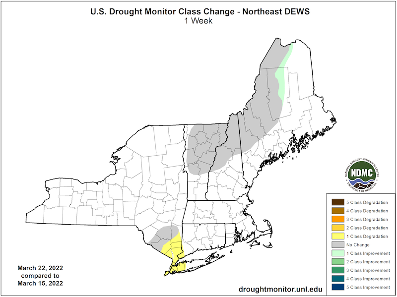 1-week U.S. Drought Monitor change map, showing where drought has improved or worsened from March 15 to March 22, 2022.
