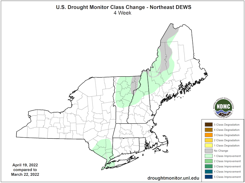 4-week U.S. Drought Monitor change map, showing where drought has improved or worsened from March 22 to April 19, 2022.