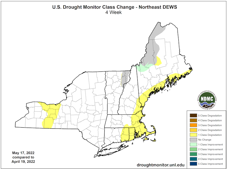 4-week U.S. Drought Monitor change map, showing where drought has improved or worsened from April 19 to May 17, 2022.