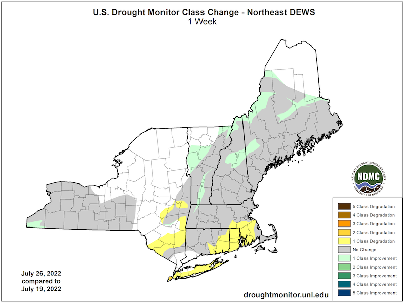 From July 19 to 26, parts of southern New York, eastern Massachusetts and Connecticut, and all of Rhode island saw a 1-category drought degradation, while other states saw pockets of improvements.