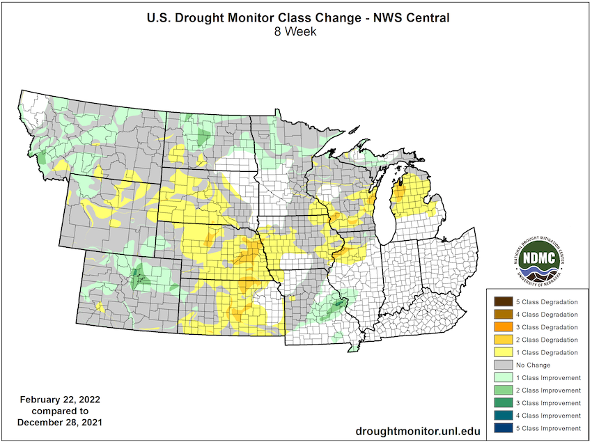 U.S. Drought Monitor Change Map for the Central U.S., showing the change in drought conditions from December 28, 2021 to February 22, 2022.