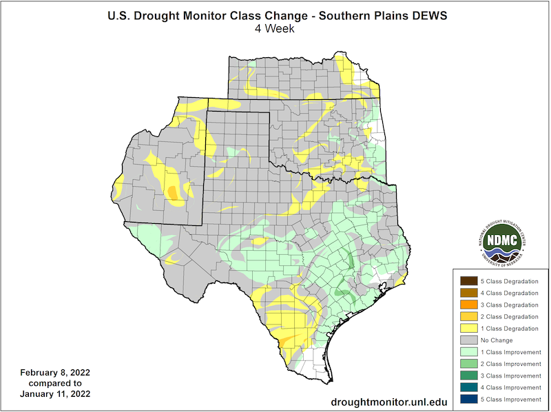 U.S. Drought Monitor Change Map for Kansas, New Mexico, Oklahoma and Texas, showing the change in drought conditions from January 11 to February 8, 2022.  Drought has improved over central and eastern Texas, worsened for southern texas and the Oklahoma panhandle with little change elsewhere as drought conditions have been in place for nearly two months.