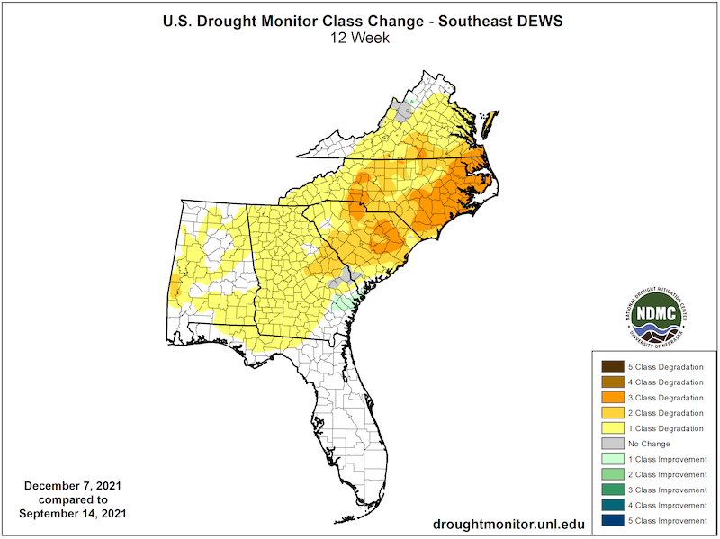 U.S. Drought Monitor Change Map for the Southeast U.S., showing how drought has improved or worsened over the past 12 weeks, from September 14 to December 7, 2021.